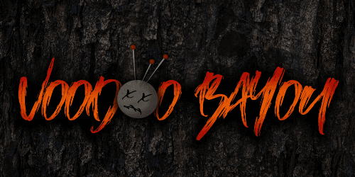 The Voodoo Bayou title art over bark with a stitched voodoo doll centerpiece